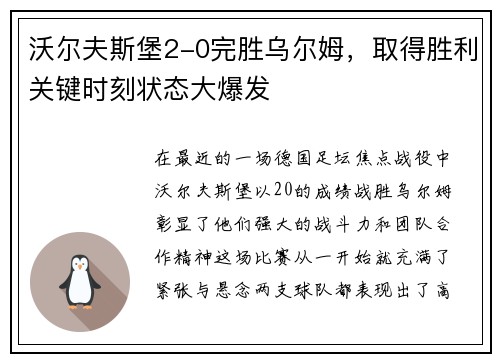 沃尔夫斯堡2-0完胜乌尔姆，取得胜利关键时刻状态大爆发