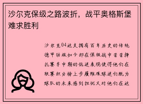 沙尔克保级之路波折，战平奥格斯堡难求胜利